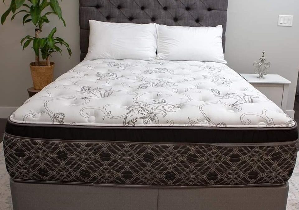 deep luxury mattress on grey tuffed bedframe in a bedroom